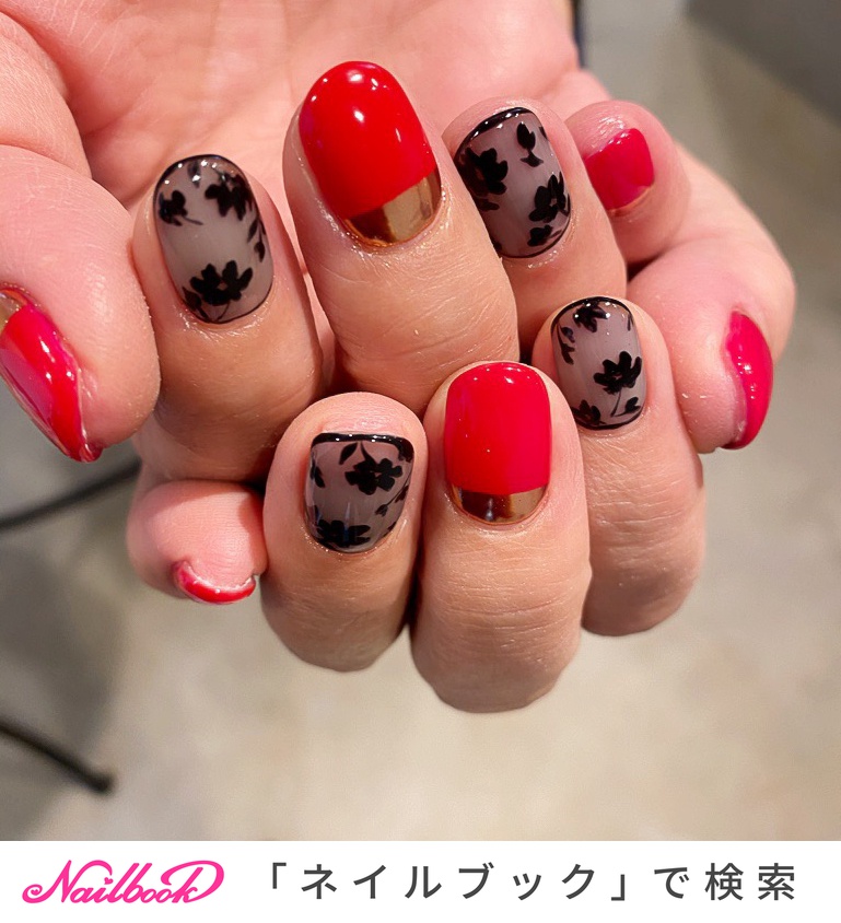レース ブラック 赤のネイルデザイン ネイルブック