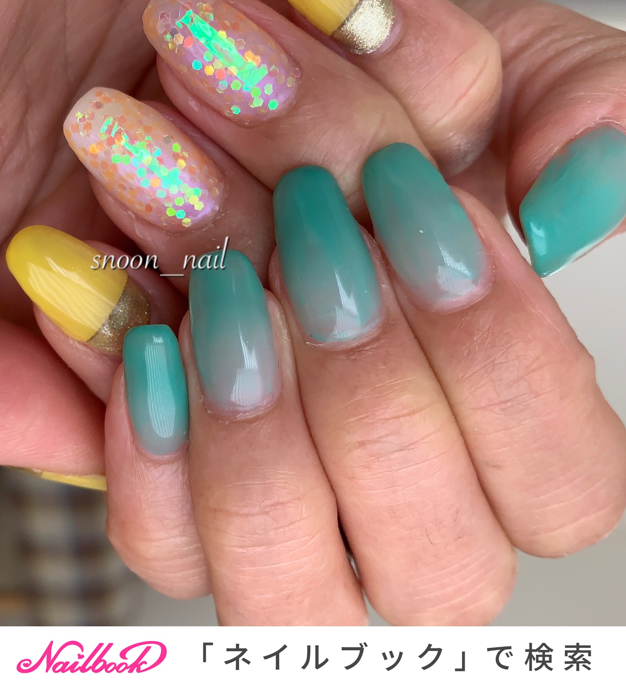 21年 新着順 オレンジ お客様 エメラルドグリーンのネイルデザイン ネイルブック
