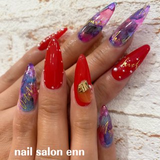 レッド ブルー スカルプチュアのネイルデザイン ネイルブック