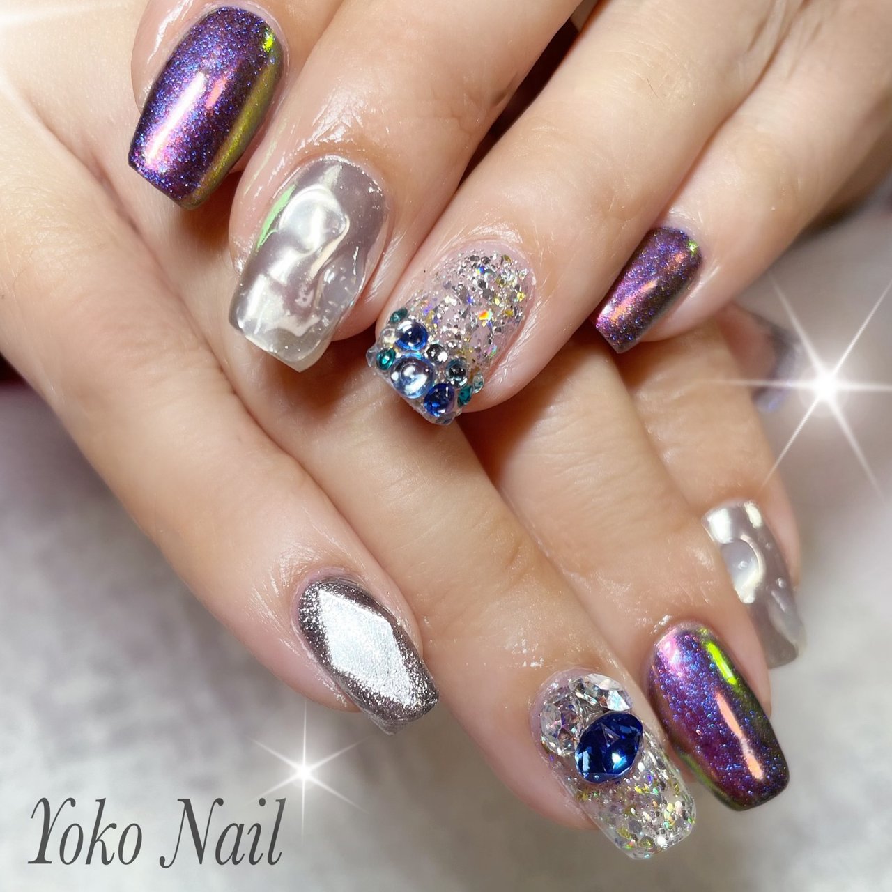 ビジュー/水滴/オーロラ/ギャラクシー/ネイビー - Yoko Nailのネイル