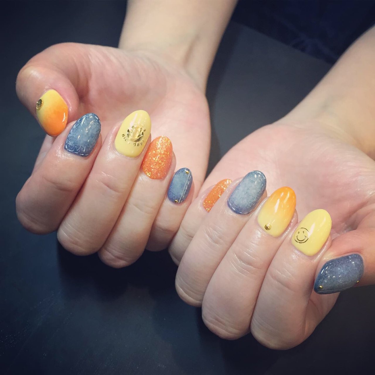 ハンド デニム オレンジ イエロー ネイビー Asamixnailのネイルデザイン No 630 ネイルブック