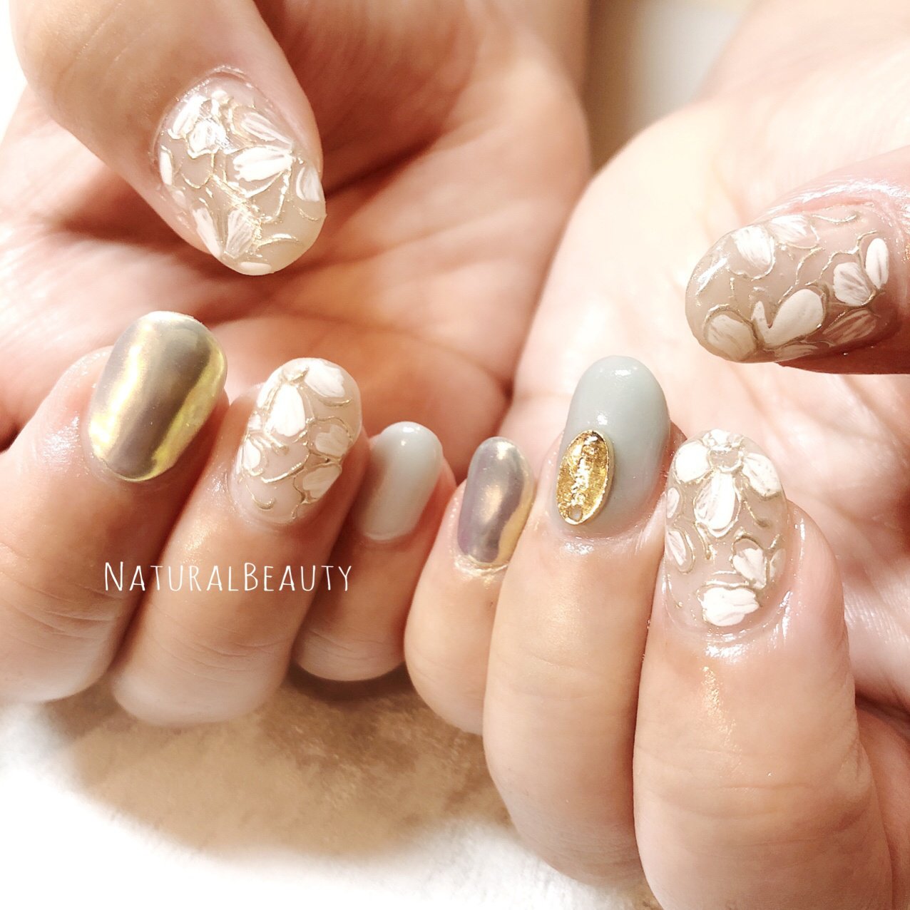 春 ハンド フラワー ミラー ベージュ Naturalbeautyのネイルデザイン No ネイルブック