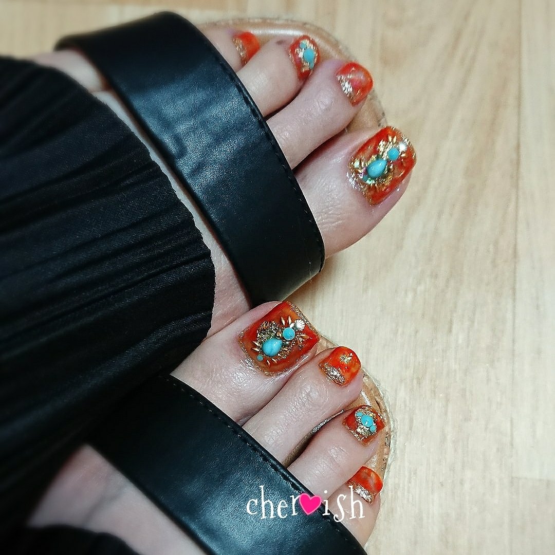 フット ラメ ビジュー エスニック ホイル Private Nail Salon Cher Ishのネイルデザイン No ネイル ブック