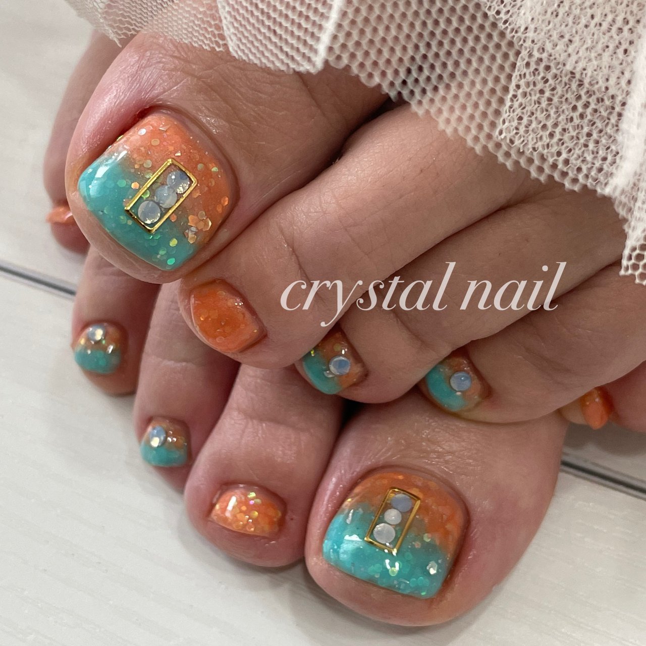 夏 フット オレンジ ターコイズ Crystal Nailのネイルデザイン No ネイルブック