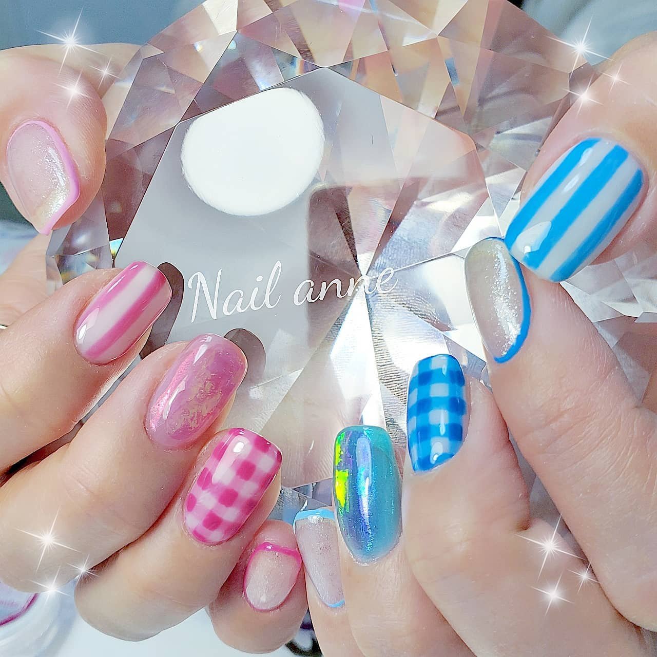 春 夏 チェック ピンク ブルー Nail Anneのネイルデザイン No ネイルブック