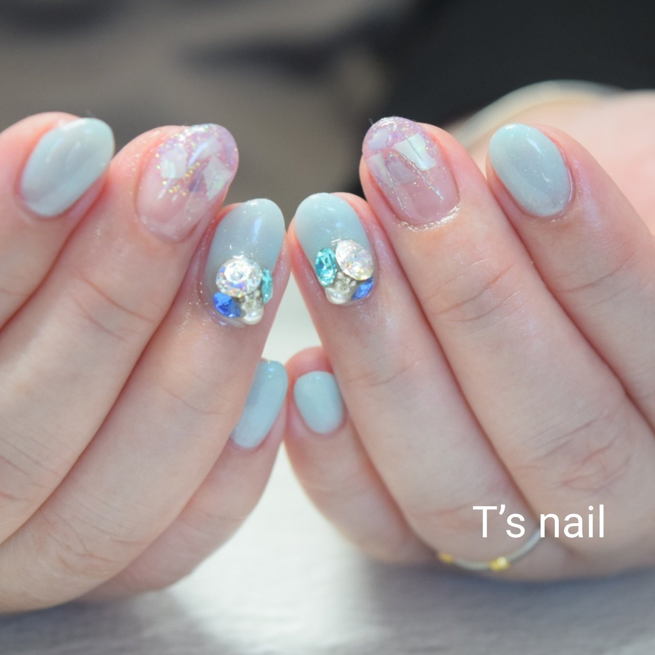 ワンカラー ビジュー タイダイ ブルー ネイビー Tsnailのネイルデザイン No ネイルブック