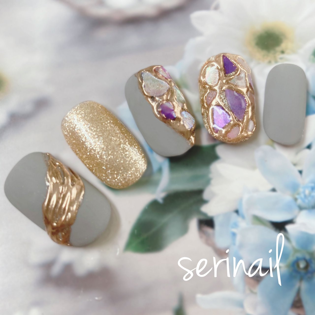 夏 オールシーズン シェル マット グレー Yumi 移動式ネイルサロンserinail のネイルデザイン No ネイルブック