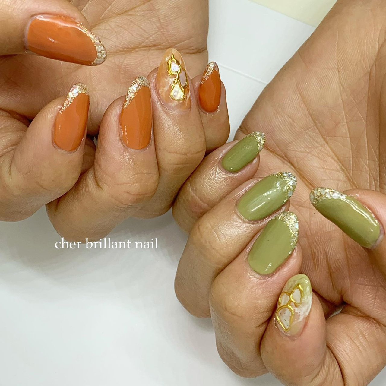 ハンド ミディアム オレンジ グリーン ジェル Cher Brillant Nailのネイルデザイン No ネイルブック