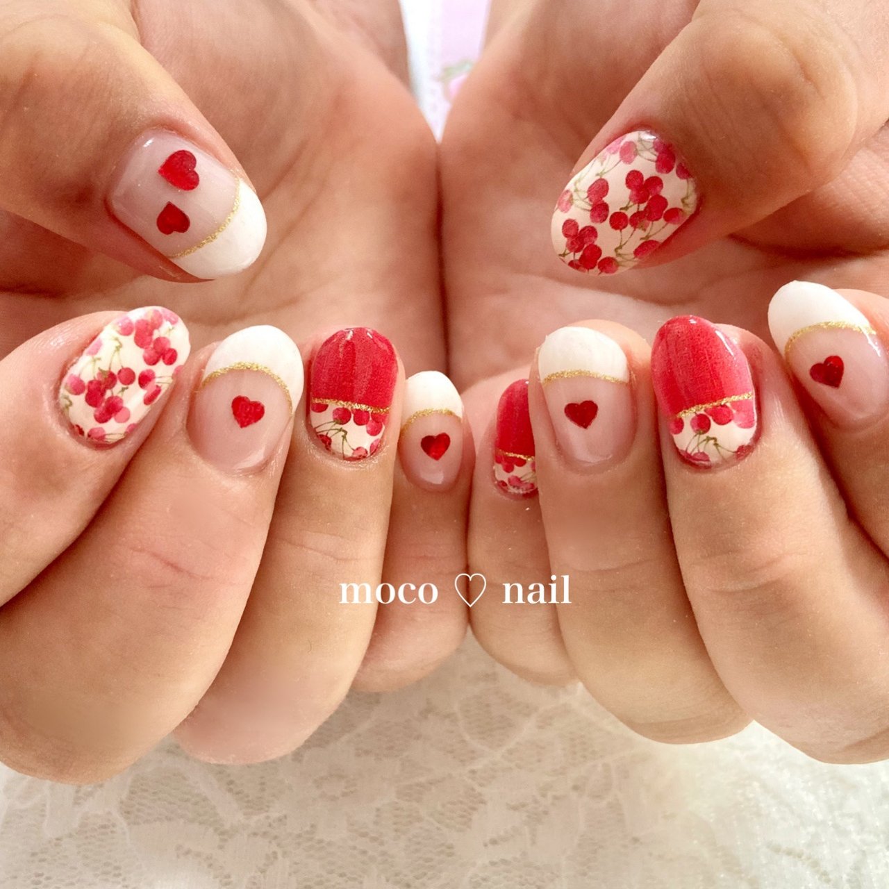 ハンド ハート フルーツ ホワイト レッド Moco Nailのネイルデザイン No ネイルブック