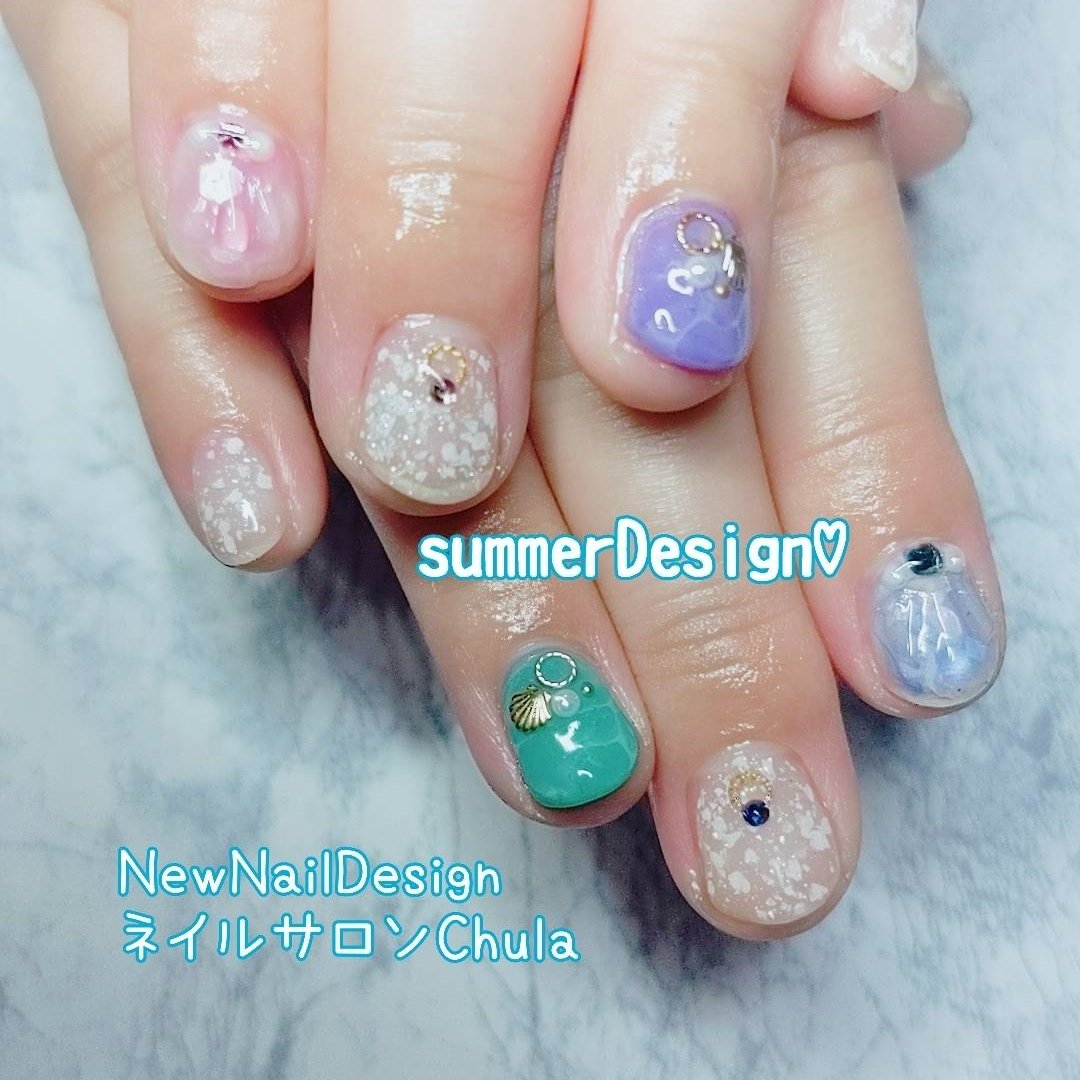 夏 ハンド ショート ホワイト 水色 Chulaのネイルデザイン No ネイルブック