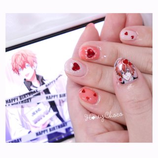 #ヒプマイネイル #ヒプマイ好きさんと繋がりたい #ハンド #ホログラム #ハート #痛ネイル #ショート #レッド #ジェルネイル #お客様 #Nail Salon＆school Honey Choco #ネイルブック