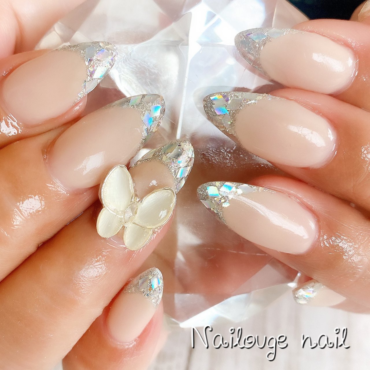 ネイルチップ ガラスフレンチ バタフライネイル
