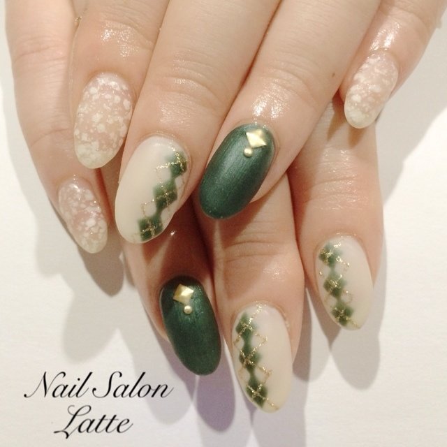 冬 ハンド アーガイル グリーン ジェル Nail Latteのネイルデザイン No ネイルブック