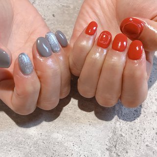 シンプル レッド グレーのネイルデザイン ネイルブック
