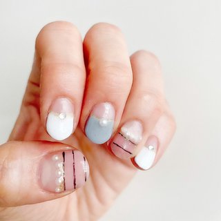 21年 新着順 ボーダー ミディアム パールネイルのネイルデザイン ネイルブック