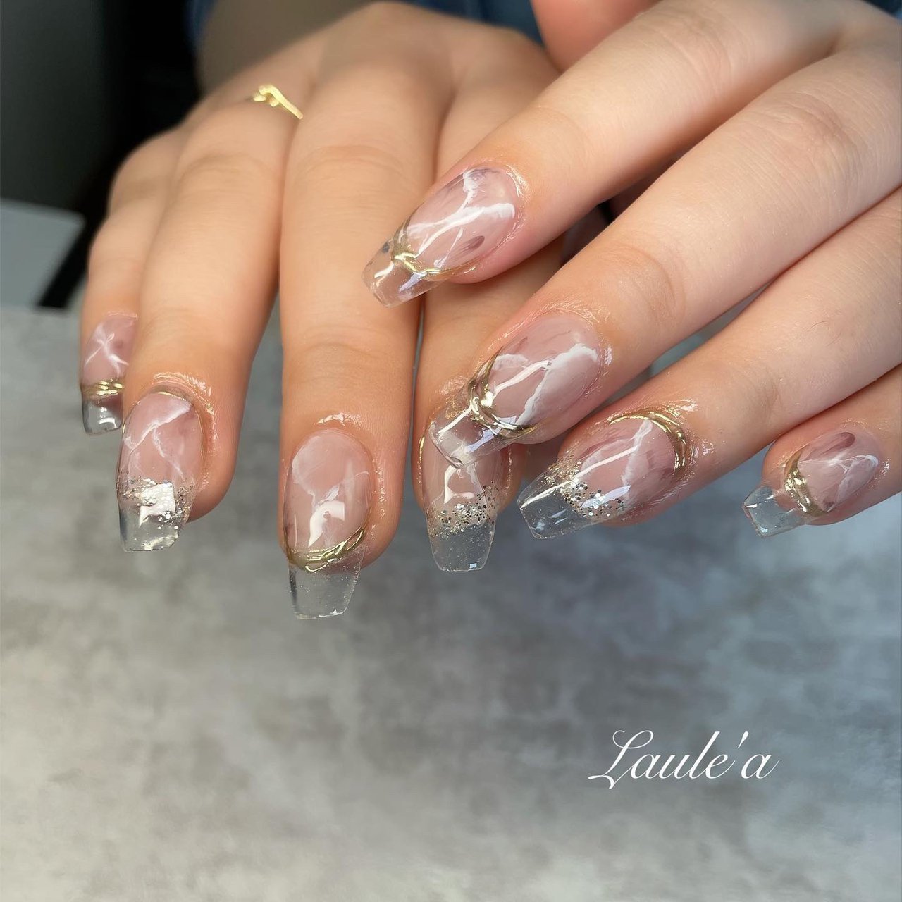 夏 ハンド フレンチ 変形フレンチ 大理石 Laule Aのネイルデザイン No ネイルブック