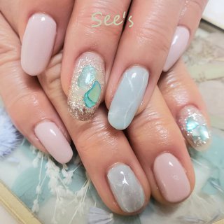 夏 大理石 エメラルドグリーンのネイルデザイン ネイルブック