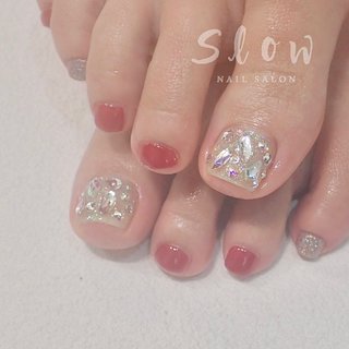  #夏 #梅雨 #海 #リゾート #フット #シンプル #ビジュー #ラメ #ショート #レッド #シルバー #ジェルネイル #お客様 #Nail_salon_slow #ネイルブック