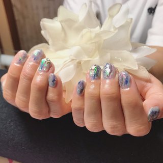 #星空ネイル #七夕ネイル #うるキラネイル #大人ネイル #キラキラネイル #オーロラフィルムネイル #オールシーズン #梅雨 #七夕 #ハンド #星 #マーブル #オーロラ #ミディアム #水色 #ネイビー #シルバー #ジェルネイル #お客様 #A-nail #ネイルブック