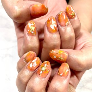 リゾート マーブル オレンジのネイルデザイン ネイルブック