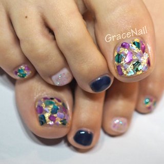 グリーン パープル ペディキュアのネイルデザイン ネイルブック