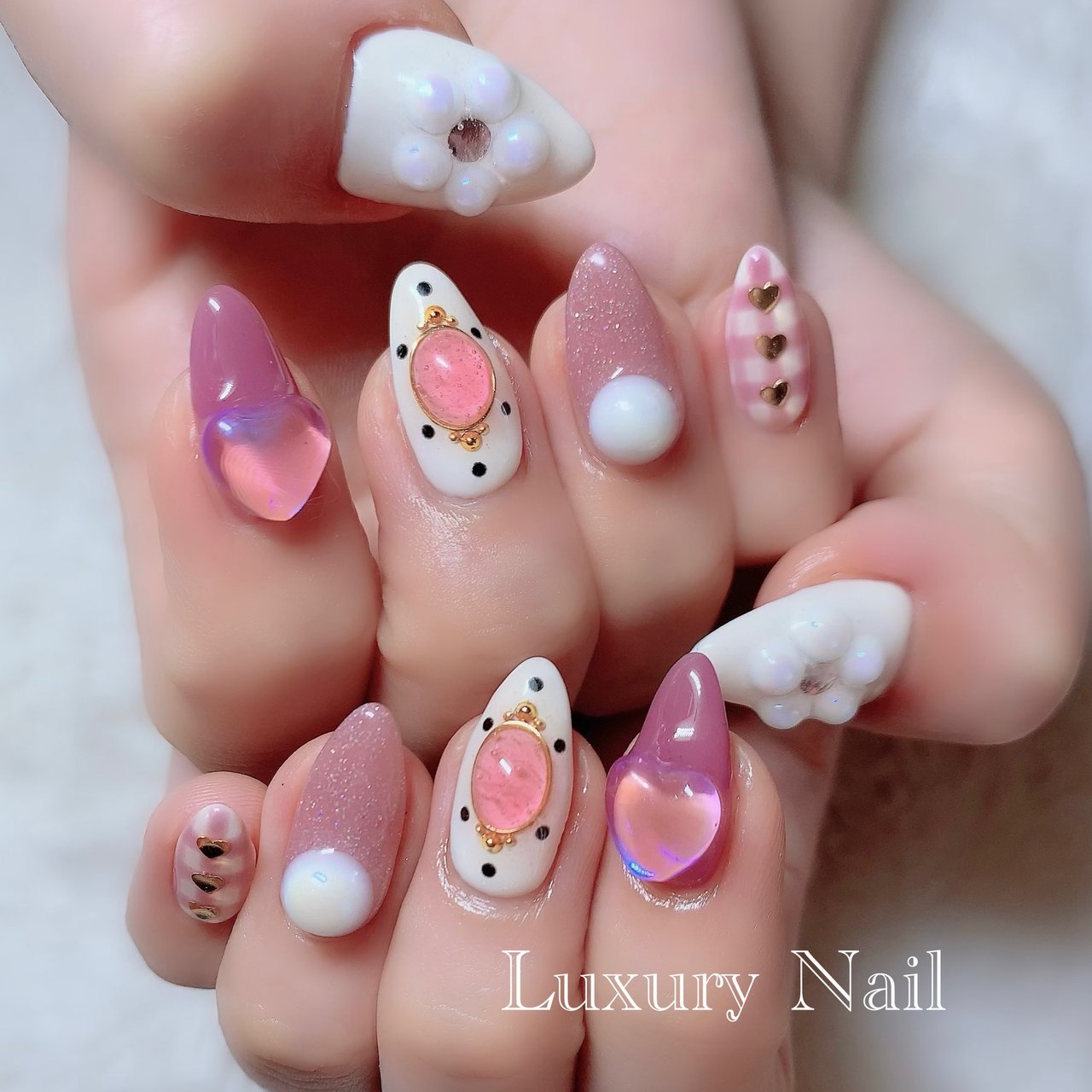 pink heart gem press on nails