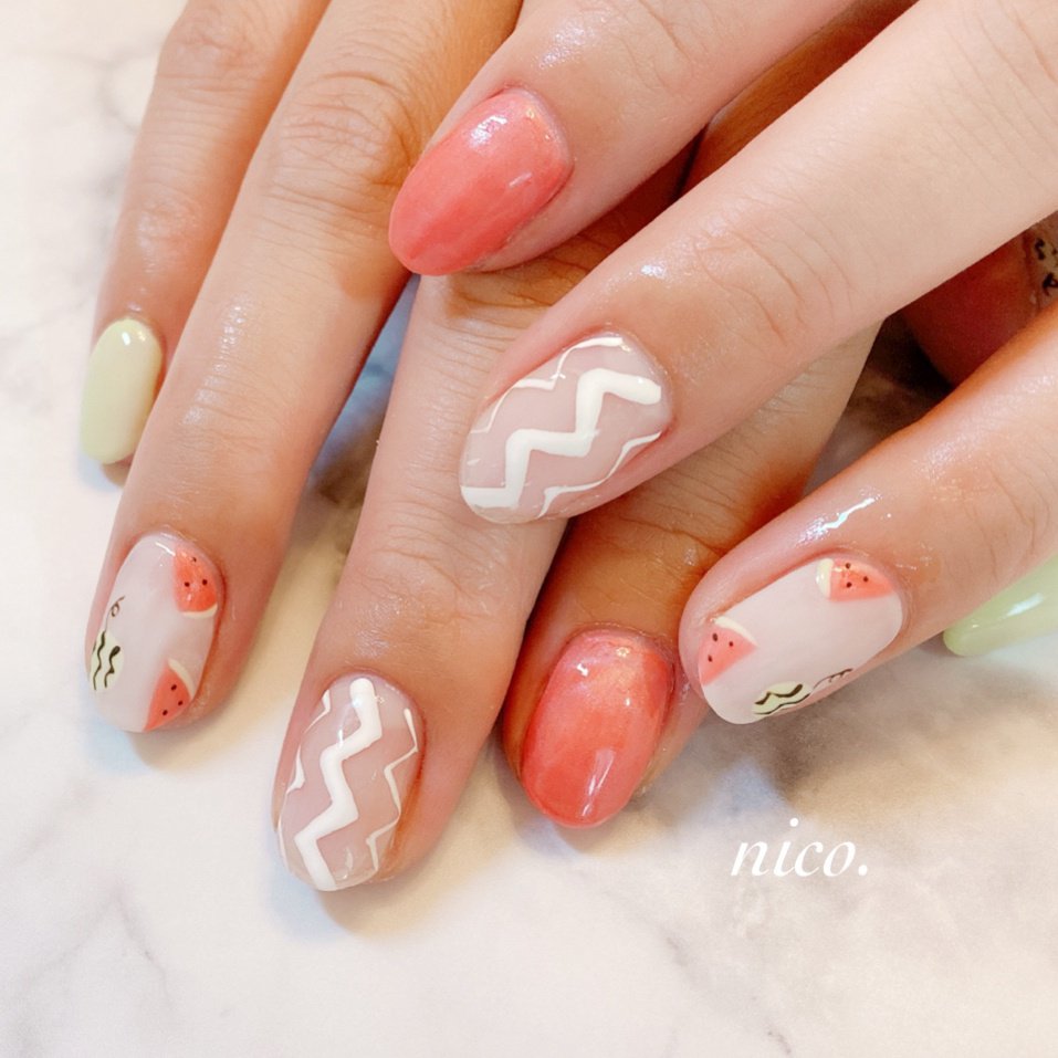 ハンド オレンジ グリーン Nailsalon Nico のネイルデザイン No ネイルブック