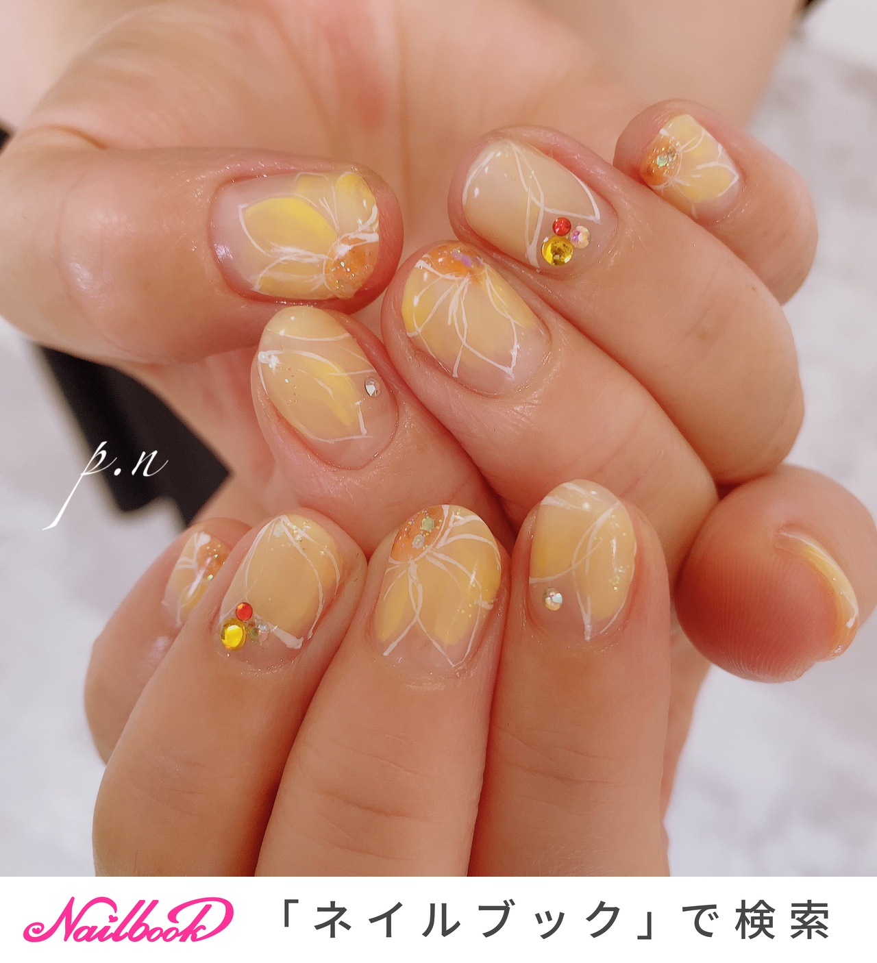 夏 ハンド フラワー ショート オレンジ Tinkのネイルデザイン No ネイルブック