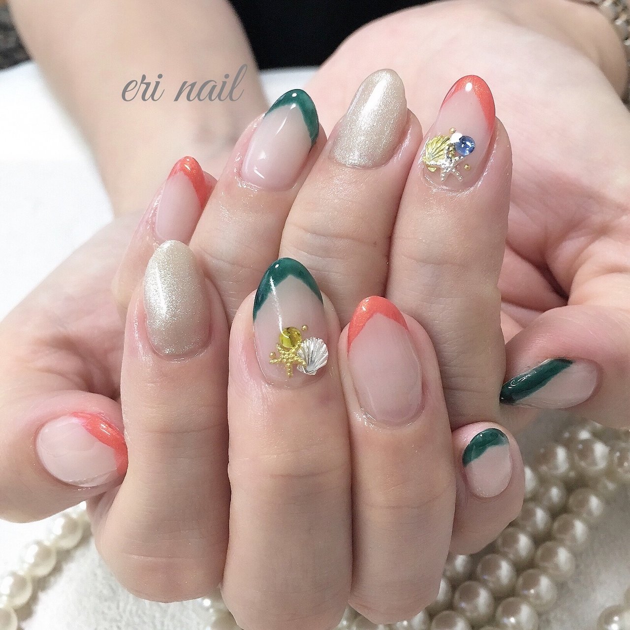 夏 ハンド 変形フレンチ ベージュ オレンジ 名古屋市天白区 自宅ネイルサロン Eri Nailのネイルデザイン No ネイル ブック