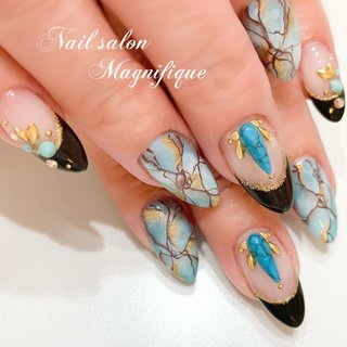 フレンチ 大理石 水色のネイルデザイン ネイルブック