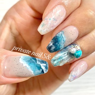 ネイルチップ 青系 ストーン囲み マーブル♡A Nail♡-