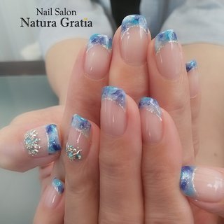 フレンチ マーブル ブルーのネイルデザイン ネイルブック