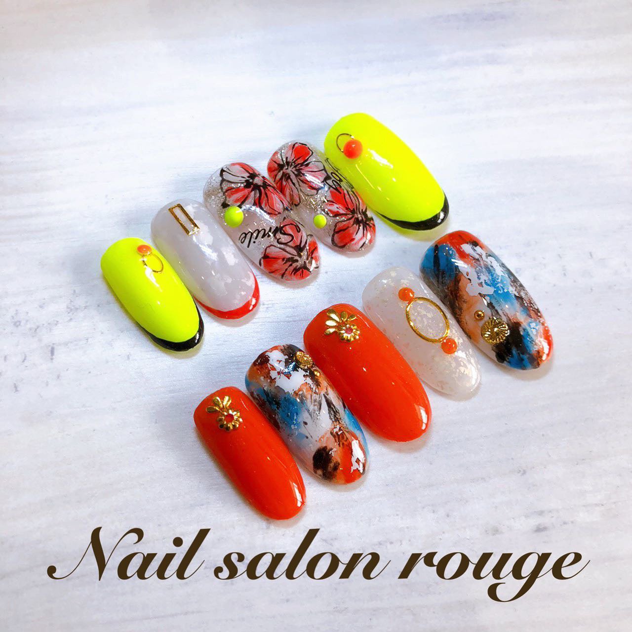 夏 ハンド フレンチ フラワー オレンジ Nail Salon Rougeのネイルデザイン No ネイルブック