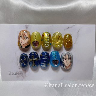 . ヒプノシスマイクネイル🎤

色んな画像参照しながら
そのキャラクターをイメージして作らせて頂きました♪
.
.
☆----------------------------------☆
【nail salon Re:new】
広島市中区ネイルサロン
痛ネイルお任せください☆
@itanail.salon.renew 

▷ご予約お問い合わせ
LINE🆔→@qjl6923b(@含む)
又はDMよりお待ちしてます。

▷営業時間
10〜17時最終受付（時間外対応可）
不定休

▷一本からの施術も可🙆‍♀️
事前ご用意のため1週間程度
お時間をいただいております♪

痛ネイル以外のデザインも可

☆----------------------------------☆

#ヒプノシスマイク　#ヒプマイネイル　#碧棺左馬刻 #伊奘冉一二三 #ヒプノシスマイクネイル
 #痛ネイル　#ヒプマイ好きさんと繋がりたい #プレインシート #アクリル絵具 #隠しきれないオタク #手描きアート　 #広島ネイルチップ #広島痛ネイル #ネイルチップ広島 #痛ネイル広島 #広島ネイル #広島 #広島ネイルサロン #アニメ好きと繋がりたい　#アニオタ 　#gelnails #nailart #nailbook #anime #Ryo #ネイルブック