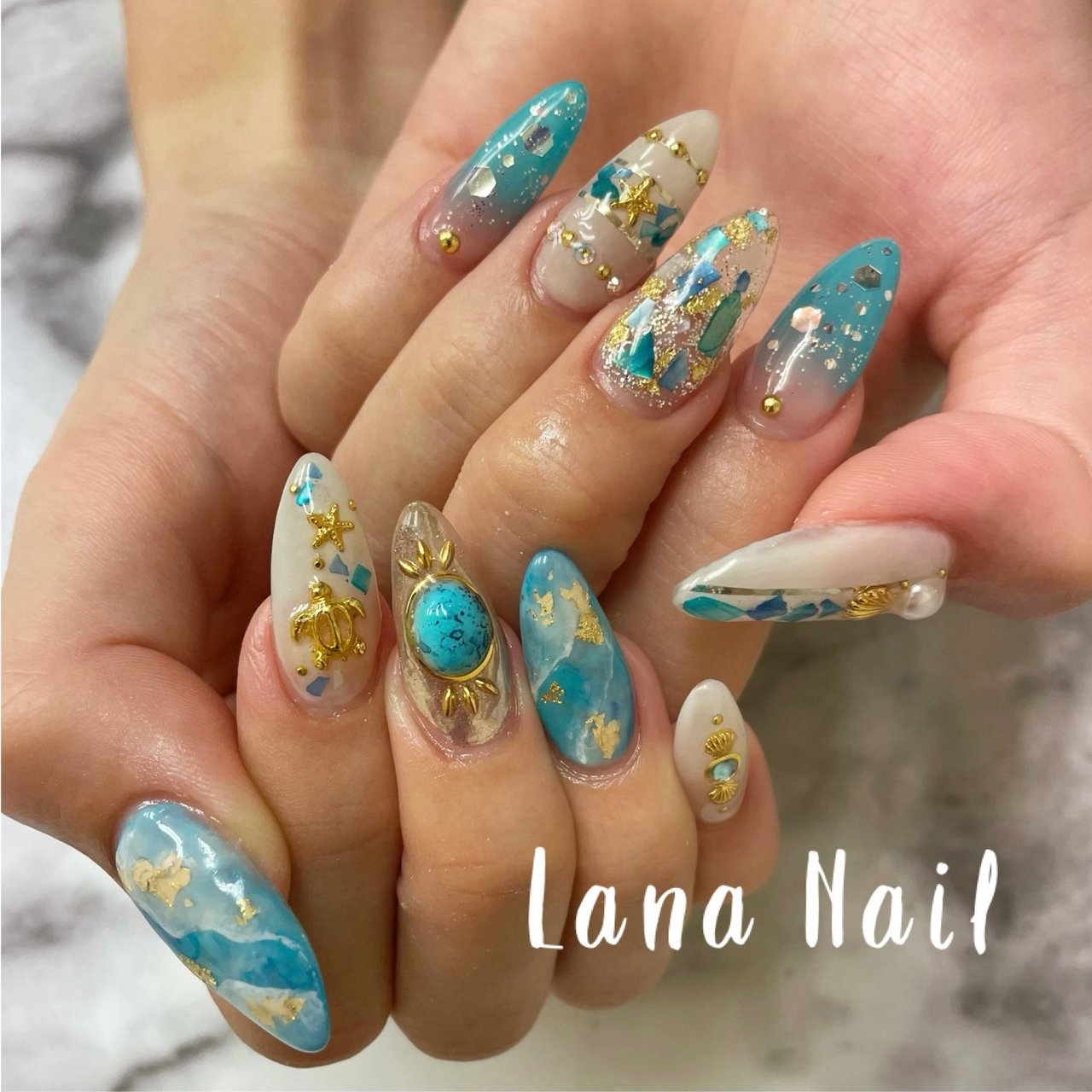 ロング ホワイト ターコイズ 水色 お客様 Lana Nailのネイルデザイン No ネイルブック