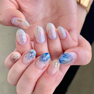  #夏 #旅行 #七夕 #海 #ハンド #ビジュー #ホログラム #ラメ #ニュアンス #ミラー #ミディアム #クリア #ブルー #シルバー #ジェルネイル #お客様 #nail 1988 inc.(イチキューハチハチ） #ネイルブック