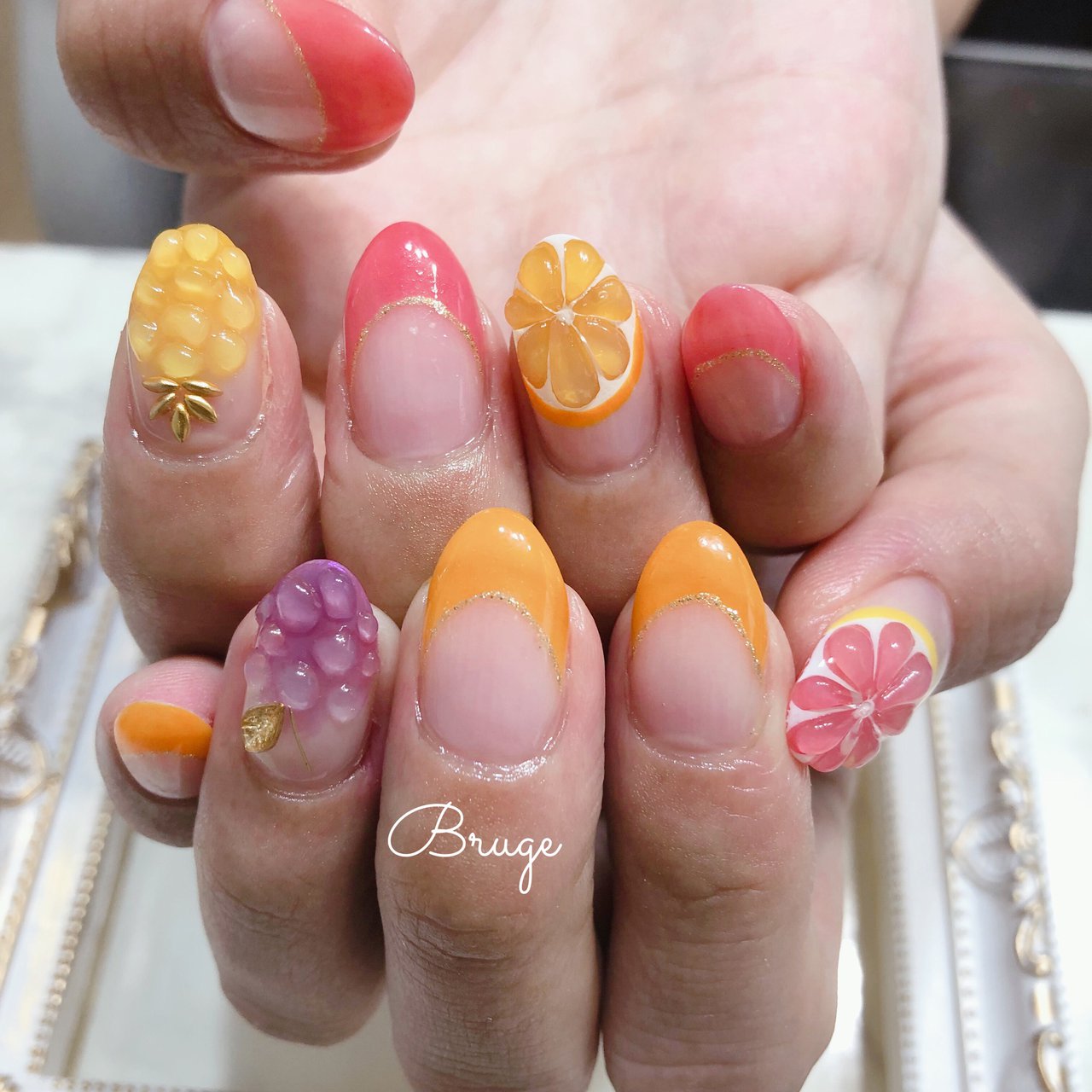 ネイルチップオーダー フルーツネイル ピンクグレープフルーツ 個性派