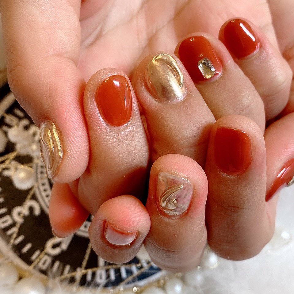 オールシーズン ハンド レッド オレンジ ゴールド Nail Salon Meili 埼玉日進のネイルデザイン No ネイルブック