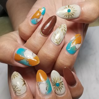 エスニック ターコイズ ブラウンのネイルデザイン ネイルブック