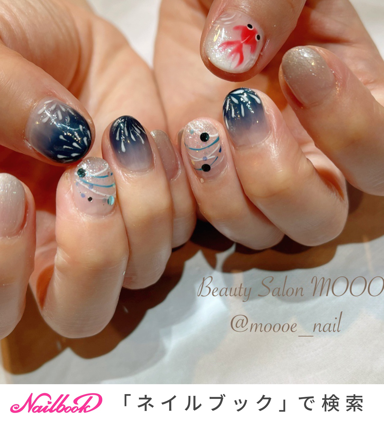 ハンド/グラデーション/ホワイト/クリア/ネイビー - moooe_nailのネイルデザイン[No.6571648]｜ネイルブック