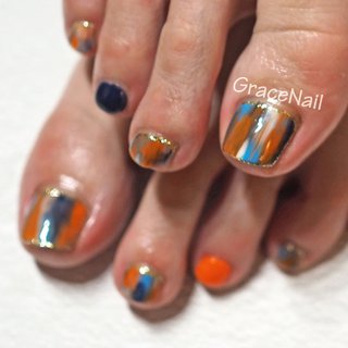 オレンジ ネイビーのネイルデザイン ネイルブック