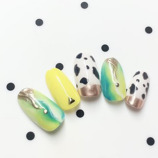 イエロー ブルー グレーのネイルデザイン ネイルブック