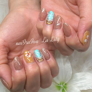 ブルー 青 ハイビスカスネイルのネイルデザイン ネイルブック