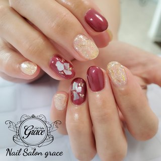 クリア ボルドー ゴールドのネイルデザイン ネイルブック