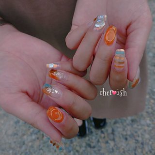 大理石 オレンジ ブルーのネイルデザイン ネイルブック