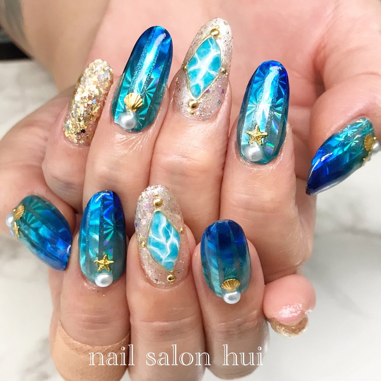 夏 ハンド グラデーション シェル 大理石 Nailsalon Huiのネイルデザイン No ネイルブック