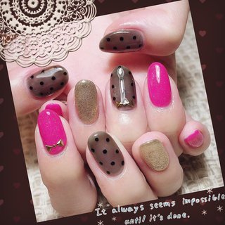 リボン ピンク ブラックのネイルデザイン ネイルブック