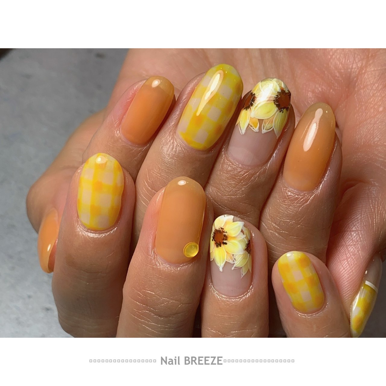 夏 ハンド フラワー チェック オレンジ Nail Breezeのネイルデザイン No ネイルブック