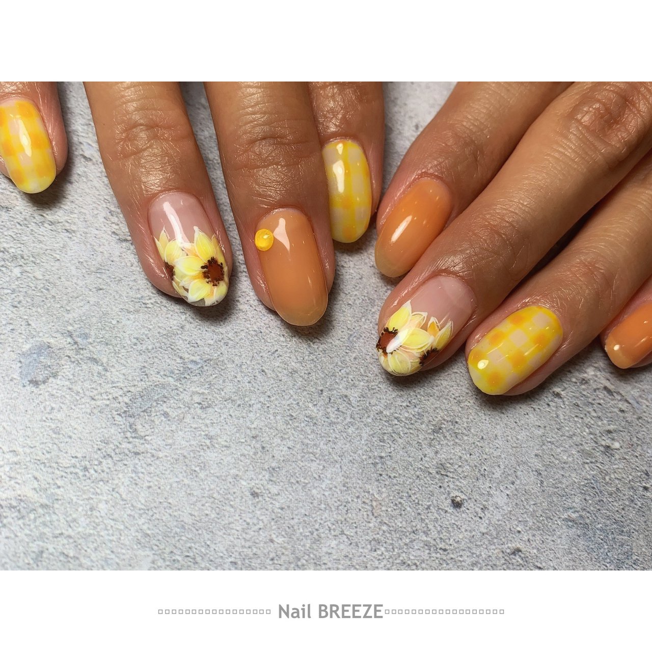 夏 ハンド フラワー チェック オレンジ Nail Breezeのネイルデザイン No ネイルブック