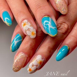 ブルー 青 ハイビスカスネイルのネイルデザイン ネイルブック